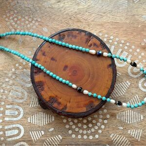 Turquoise, Freshwater Pearl & Deep Blue Czech Glass Cathedral Bead Necklace